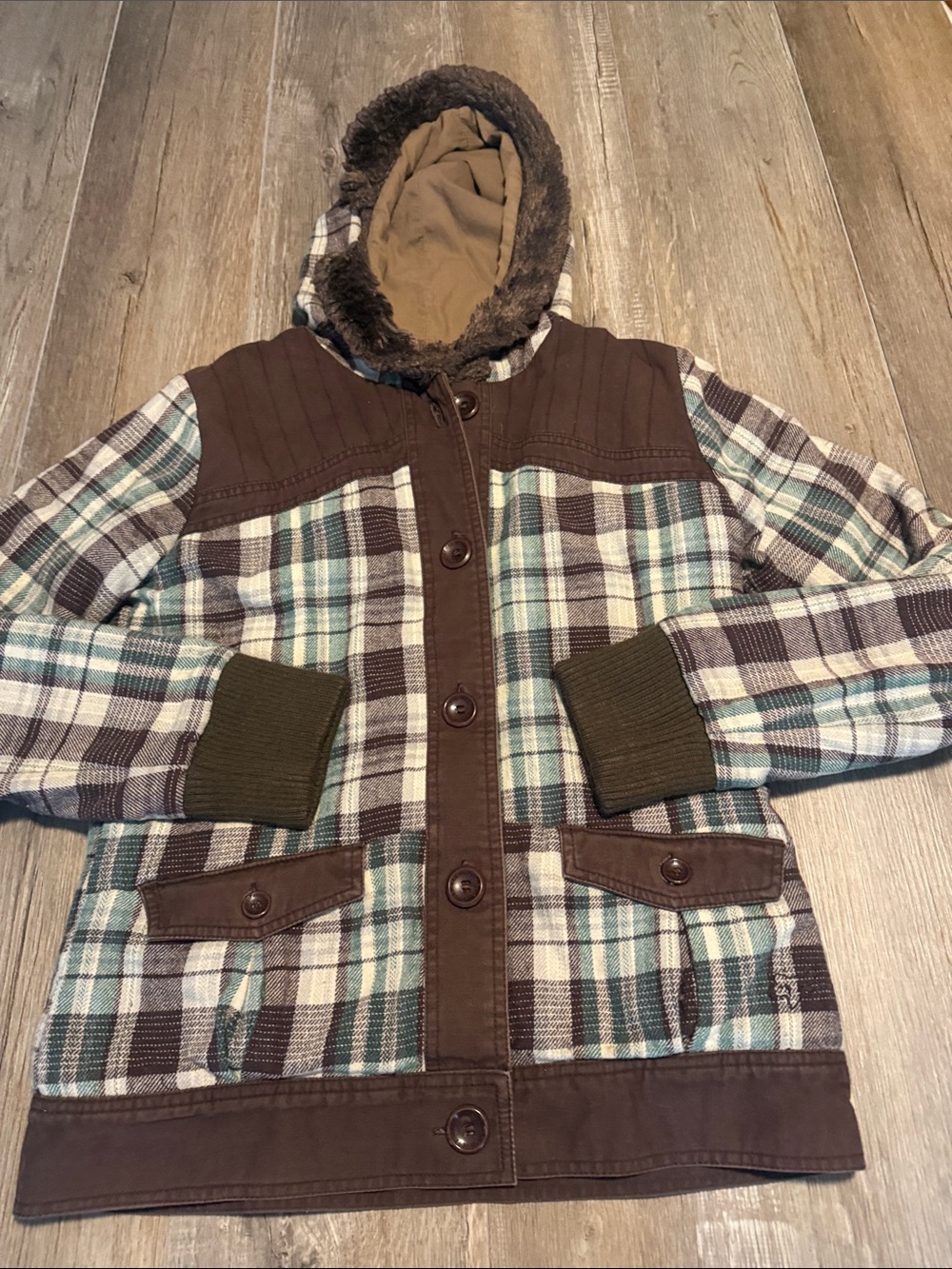 Fox Girls Plaid Hooded Jacket with Faux-Fur Trim - Brown & Teal